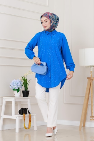 Sevitli Göğüsü Taş Detaylı Oversize Tunik-mavi-5228 Mavi