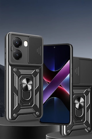 Xiaomi Poco X7 Pro İle Uyumlu Kılıf Magnetik Standlı Kamera Korumalı Sürgülü Kapak Siyah