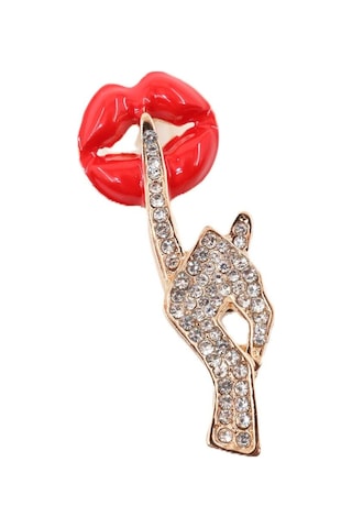 Gold Zirkon Sessiz Ol Broş. Yaka İğnesi Sus Broş. Taşlı Tasarım Dudak Broş. Kadın Broş. Dudak Broş. Gold