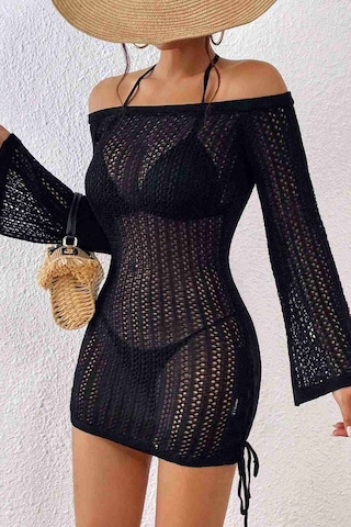 Angelsin Örme Yanlardan Büzgülü Uzun Kollu Plaj Elbisesi Pareo Siyah 001