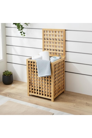Deconox Kare Bambu Çamaşır Sepeti 40x40x56 Cm - İçi Bezli, Kapaklı Doğal Ahşap Kirli Sepeti Diğer
