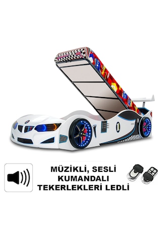 Gt1 - Bazalı Arabalı Yatak - Kumandalı, Sesli, Beyaz Tek Kişilik