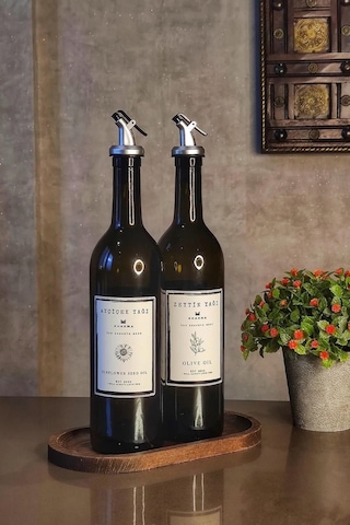 Khakma Ahşap Standlı Zeytinyağ  + Ayçiçek Yağ Şişesi 2'li Set Amber 750 ML