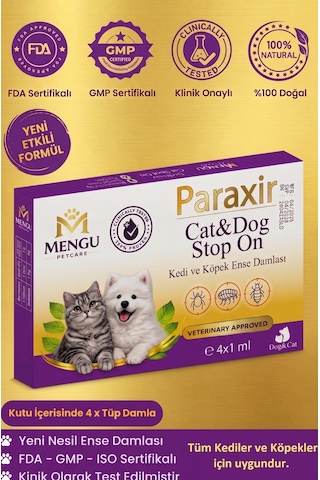 Mengu Petcare Paraxir Kedi Ve Köpek Damlası Pire Dış Parazit Bit Kene Deri Bakımı Için Bitkisel Damla 1-10 Kg 4 Tüp X 1 Ml