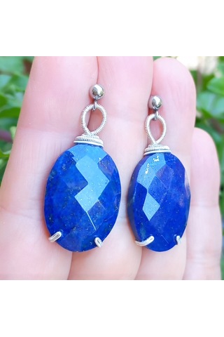 2742 Lapislazuli El Yapımı Çelik Aparatlı Küpe Lacivert