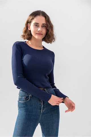 Gri Uzun Kollu Fitilli Bluz Crop Örme T-shirt Koyu Lacivert