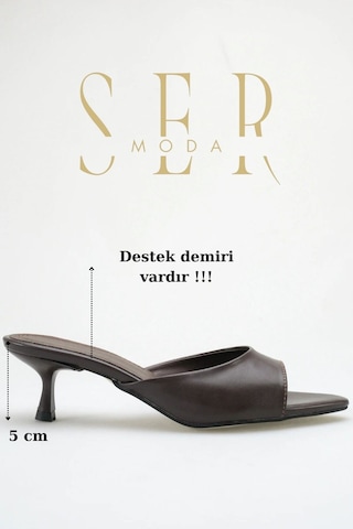 Sermoda Topuklu Kadın Terlik - 5 Cm İnce Topuklu Sivri Burun Kadın Terlik Kahve