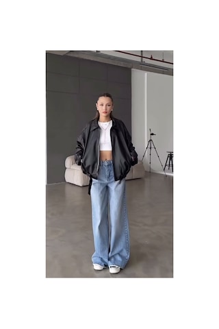 Belizmod Oversize Kemerli Bomber Deri Ceket Siyah Siyah