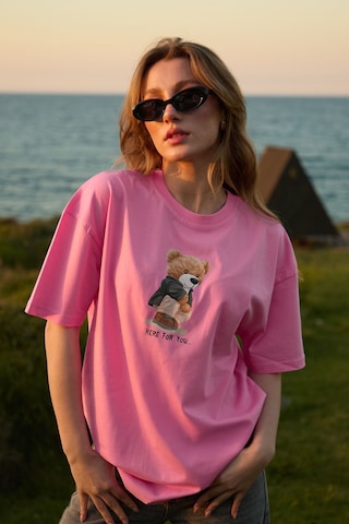 Velvoria Oversize Kadın Here For You Baskılı Pembe Renk T-shirt