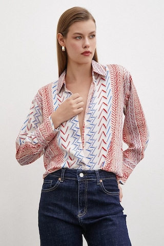 Kadın Uzun Kol Geometrik Desenli Renkli Pamuk Saten Premium Kalite Spor Şık Gömlek Kırmızı