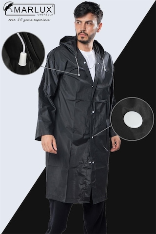 Marlux Unisex Su Rüzgar Geçirmez Kapüşonlu Çıtçıt Düğme Eva Yağmurluk - Siyah - Beyaz