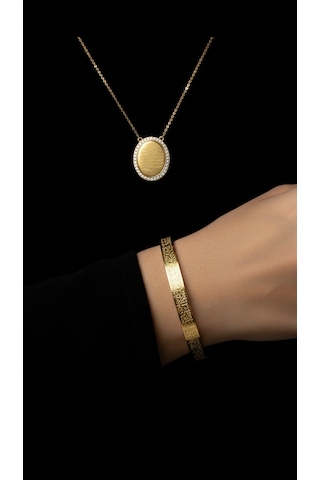 Taşlı Oval Kolye Ve Ayetel Kürsi Bileklik Seti Gold Çelik Takı Altın