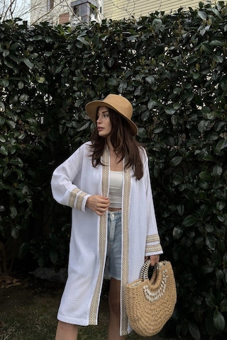 Kadın Beyaz Müslin Kumaş, Hasır Şerit Detaylı Salaş Kimono Ceket Beyaz