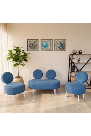 Azra Mobilya Dünya Model Koltuk Takımı 2+1+1 Buklet Kumaş Ahşap Ayaklı Modern Ofis & Bekleme Alanı Seti Mavi