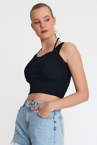 Polo State Kadın Ense Biye Detaylı Crop Siyah