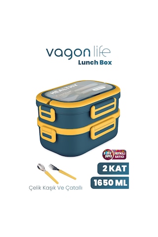 1650 Ml İki Kat Üç Bölme Paslanmaz Çelik Lunch Box Yeni Nesil Sefer Tası - Kaşık Ve Çatallı -6715 Lacivert
