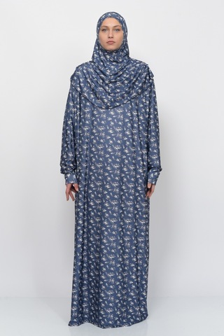 Pratik Tek Parça Çiçek Desenli Kollu Tak Çıkar Başörtülü Likralı Tesettür Namaz Elbisesi 990-0201 Lacivert Antrasit