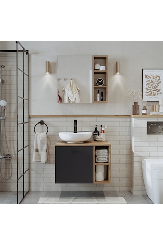 Lotus Lavabolu Mdf 65 Cm Banyo Dolabı + Aynalı Üst Dolap Atlantik Çam - Antrasit
