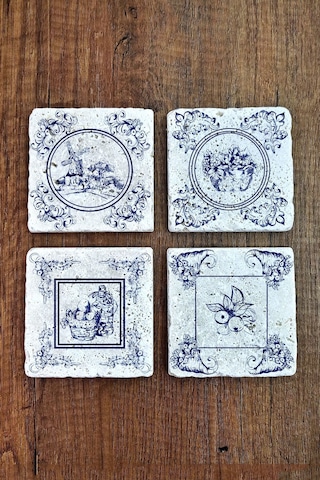 Doğal Taş Bardak Altlığı 4'lü Set 10x10x1 Cm Ünlü Mavi Desenler -stone Coasters Çok Renkli