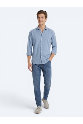 Kip Koyu İndigo Düz Regular Fit Uzun Dokuma Casual Pamuk Karışımlı Gömlek Mavi
