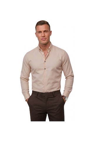 Deep Sea Deepsea Toprak Slim Fit Likralı Kolay Ütülenebilir Gizli Düğmeli Erkek Gömlek 2602614 Kahverengi