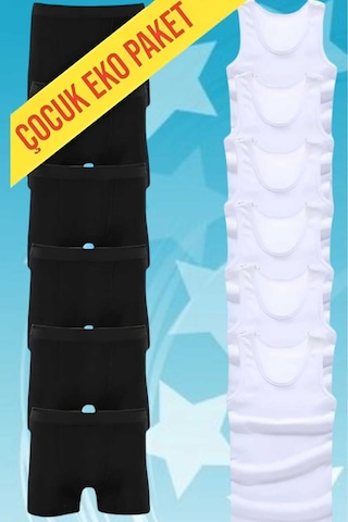 Uniquetrenders Erkek Çocuk İkili Set Pamuklu Penye 6 Atlet 6 Boxer Beyaz - Siyah