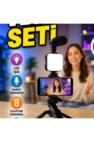 Led Işıklı Telefon Video Çekim Kiti Mini Tripod Mikrofonlu Bluetooth Kumandalı Vlog Seti
