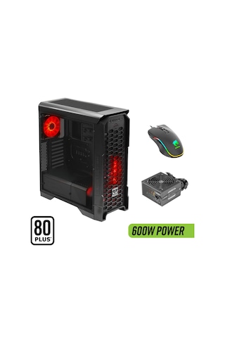 Green Striker Midtower Gaming Bilgisayar Kasası 3 120mm Fan, 6 Fan Desteği, Siyah 600w 80+ Bronze Psu Dahil + Mouse