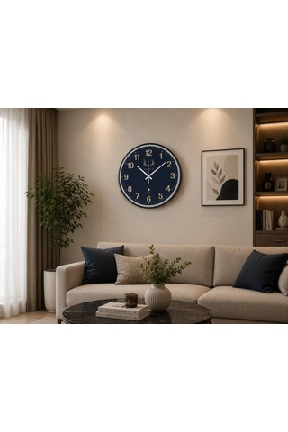 Lacivert Geyik Temalı Premium Duvar Saati Gold Rakamlı Modern Salon Saati