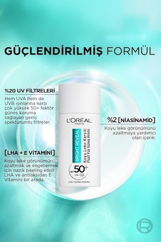 L'Oréal Paris Bright Reveal Koyu Leke Karşıtı Fluid Günlük Yüz Güneş Kremi SPF50+ 50 ML