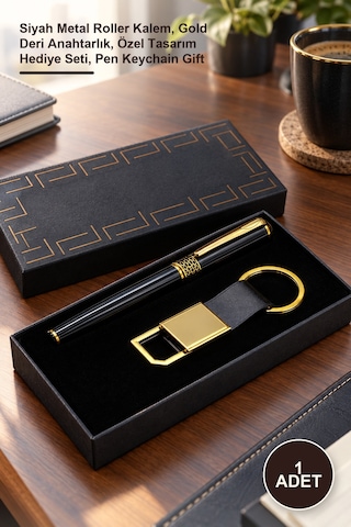 1 Adet Kutulu Kalem Ve Anahtarlık Seti Siyah Metal Roller Kalem, Gold Deri Anahtarlık, Özel Tasarım Seti, Pen Keychain Gift