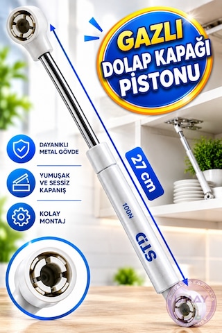Dolap Kapak Gazlı Amortisörü Pistonu 27 Cm 100n Mobilya Kapak Hidroliği Yavaş Kapanır Gazlı Kaldırma Mekanizması Gümüş