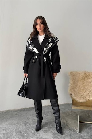 Neşeli Butik Kadın Kuşak Detaylı Astarlı Kaşe Kaban Nbg120 Siyah