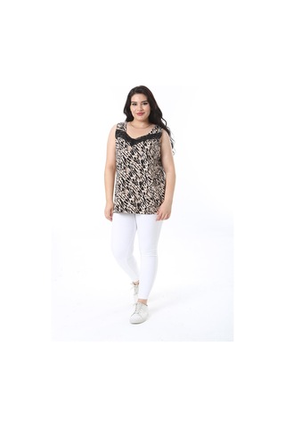 Şans Kadın Büyük Beden Leo Dantel Detaylı Leopar Desenli Kolsuz Bluz 65n38226-leo Leopar