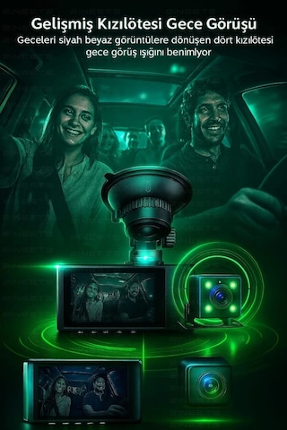 Wifi 1080p Araç İçi 3 Kameralı Lcd Ekranlı Gece Görüşlü , G-sensör , Geri Görüş Kamera