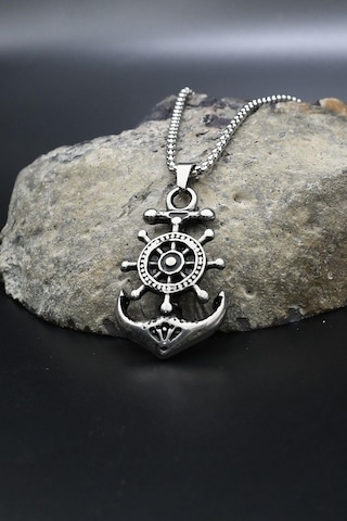 Çapa Dümen Figürlü Kolye Paslanmaz Çelik Zincir 902291 Gümüş