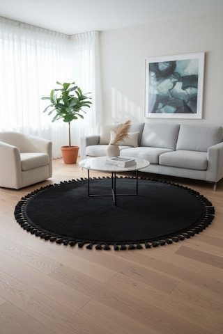 Comfort Yuvarlak Ponpon Saçaklı Peluş Halı Yatak Odası- Çocuk Odası- Antre- Yemek Odası Kaymaz Taban Siyah