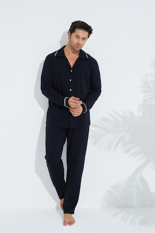 Siyah İnci Erkek Pamuklu Gömlek Yaka Düğmeli Biyeli Pijama Takım Siyah