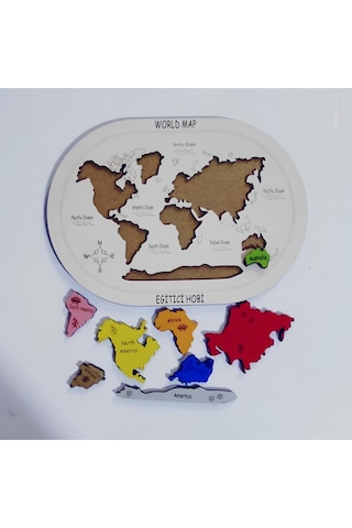 Kabartmalı Ahşap Dünya Kıtalar Haritası Montessorie Bul Tak Puzzle Diğer
