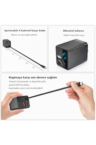 Yk Design 65w Usb Type-c + Usb Duvar Şarj Aleti 2-in-1 Qc3.0 Çekilebilir Kablolu Siyah