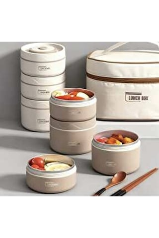 Lunch Box Isı Yalıtımlı Termal Yemek Çantası + 4 Lü Saklama Kabı Seti Kahverengi - Krem