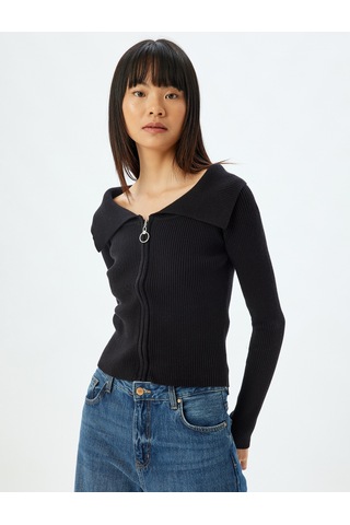 Koton Fermuarlı Hırka Uzun Kollu Slim Fit Siyah 5wal90037ıt