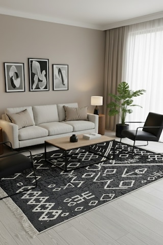 Siyah Geometrik Desen Çift Taraflı Makinede Yıkanabilir Ev İçi & Dış Mekan Uyumlu Günlük Kullanıma Uygun Kilim Renkli