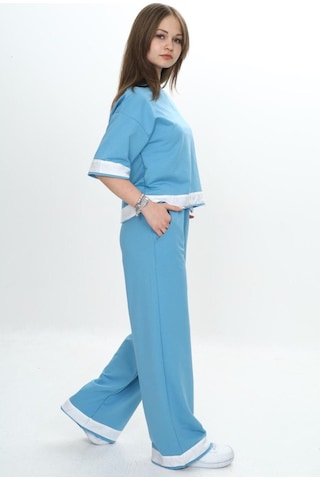 Kız Çocuk %100 Pamuk Kısa Kollu Garnili Truvakar Kol 2 İplik Alt&üst Eşofman Takımı-285-eşt-0011 Mavi