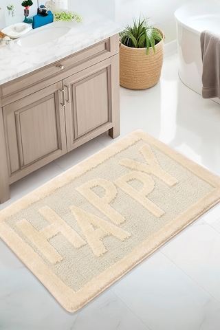 Doğal Kaymaz Taban Banyo Paspas Uzun Ömürlü Yumuşak Dokulu Su Emici Yıkanabilir Happy 60x100 Krem