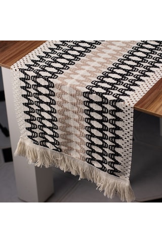 Pamuk Örme Püsküllü Siyah-kahve Dantel Runner 35x145 Cm