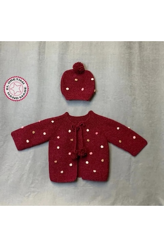 Uretti - Yıldız 7202 - El Örgüsü Bordo Hırka - Şapka İkili Bebek Takımı - 1/2 Yaş Bordo