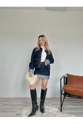 Keymoda Kadın Denim Etek Ceket Takım Mavi Mavi