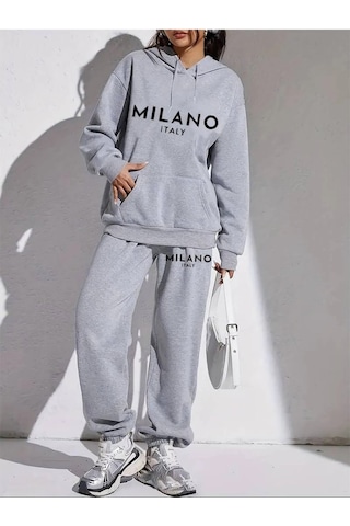 Hırsch Gri Kadın Oversize Basic Kapüşonlu Lastikli Milano Italy Baskılı Pamuklu Eşofman Takımı Gri
