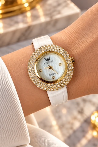 Rubenis Swiss Kadın Kol Saati Sarı Çelik 33mm Kristal Taşlı Gerçek Deri Kayışlı Beyaz Sedef Kadranlı Altın Rubenis Swiss Kadın Kol Saati Sarı Çelik 33mm Kristal Taşlı Gerçek Deri Kayışlı Beyaz Sedef Kadranlı Altın